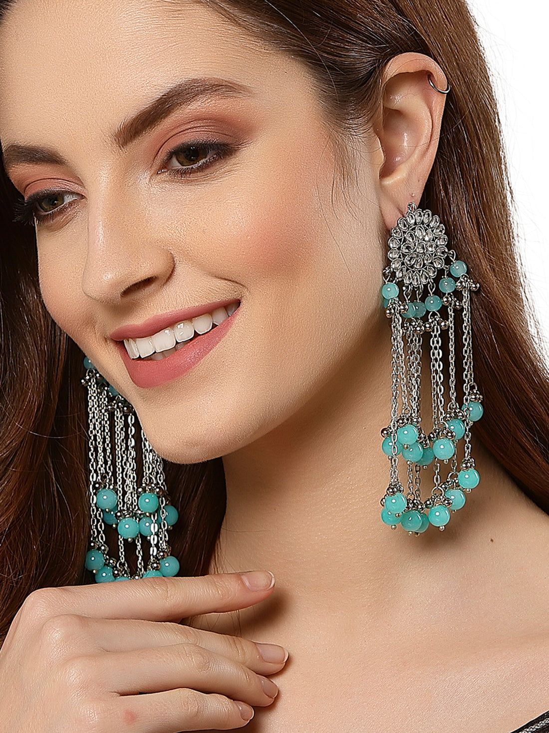 Oxidised Silver Light Blue Beads and Kundan Tassel Earrings