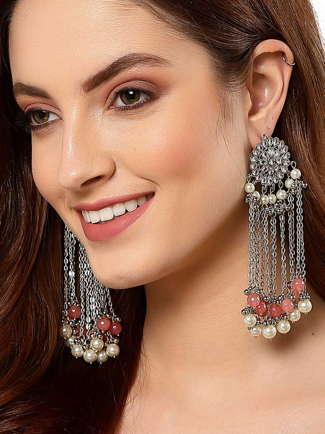 Oxidised Silver Peach Beads and Kundan Tassel Earrings