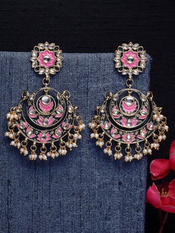 Traditional Pink Meena Kundan Studded Chandbali Earrings