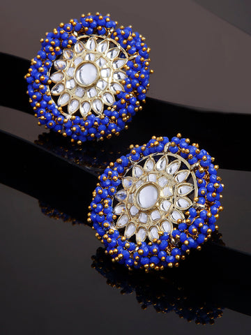 Traditional Blue Crystal Studded Gold Plated Kundan Stud Earrings