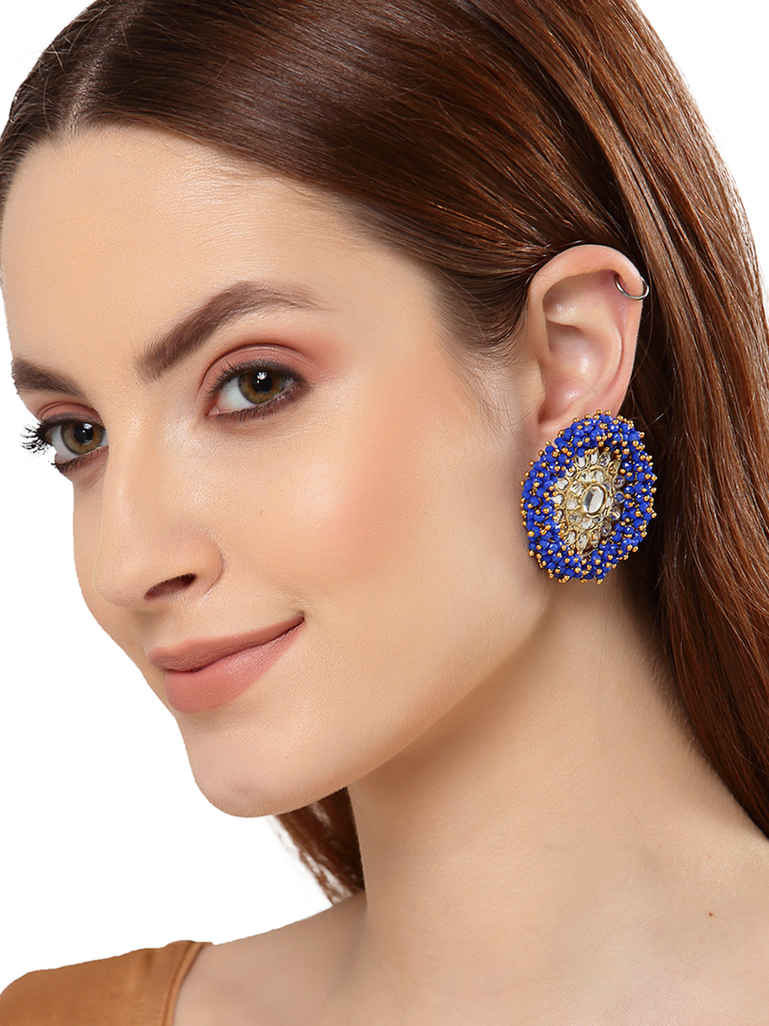 Traditional Blue Crystal Studded Gold Plated Kundan Stud Earrings