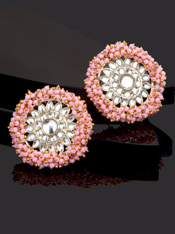 Traditional Pink Crystal Studded Gold Plated Kundan Stud Earrings