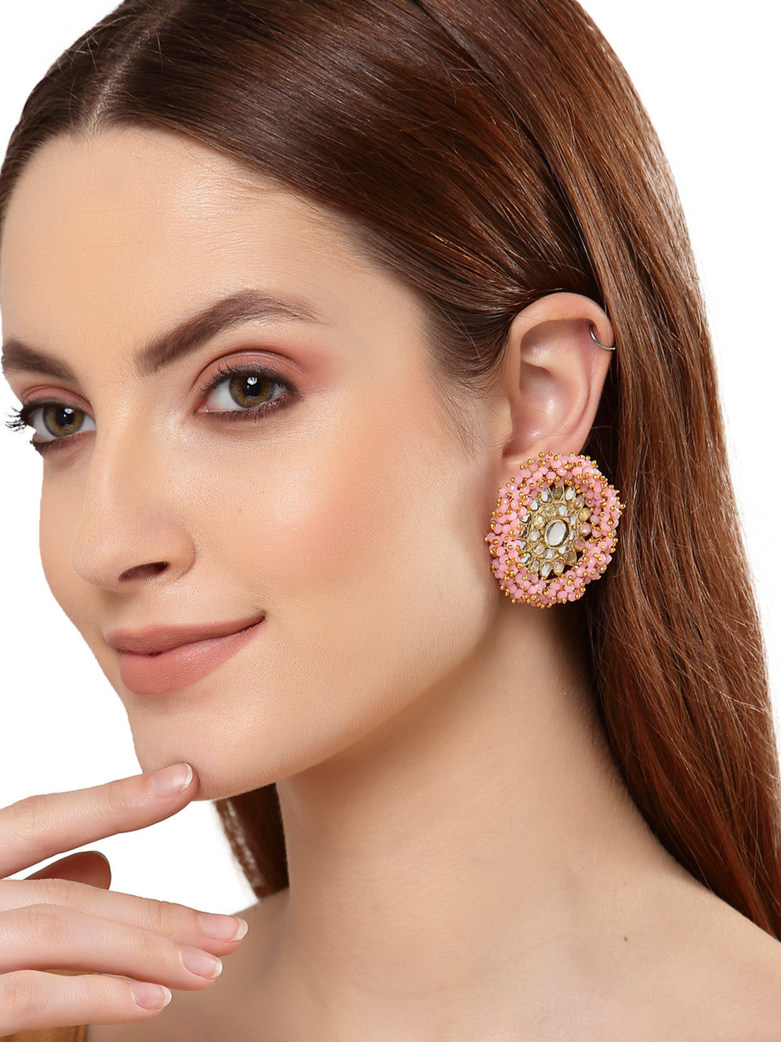 Traditional Pink Crystal Studded Gold Plated Kundan Stud Earrings