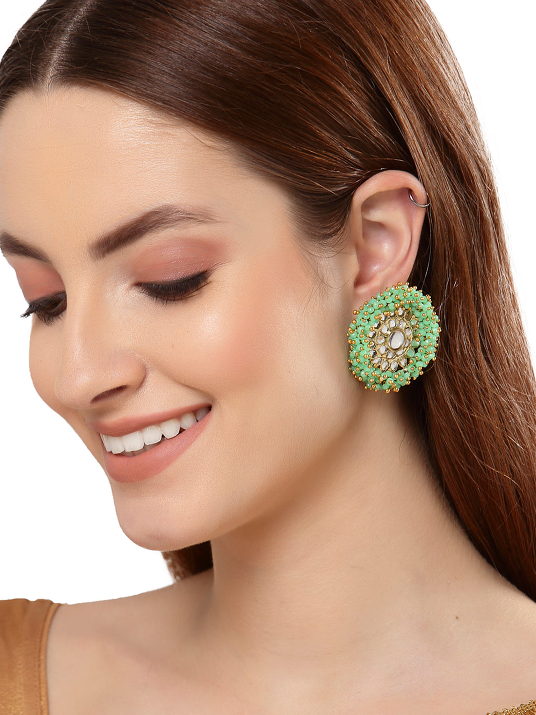 Traditional Lime Green Crystal Studded Gold Plated Kundan Stud Earrings