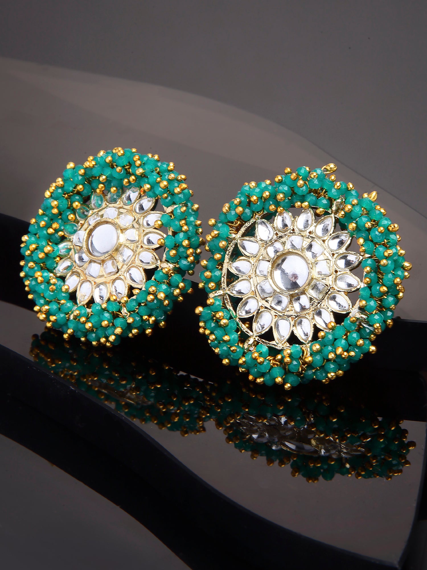 Traditional Green Crystal Studded Gold Plated Kundan Stud Earrings