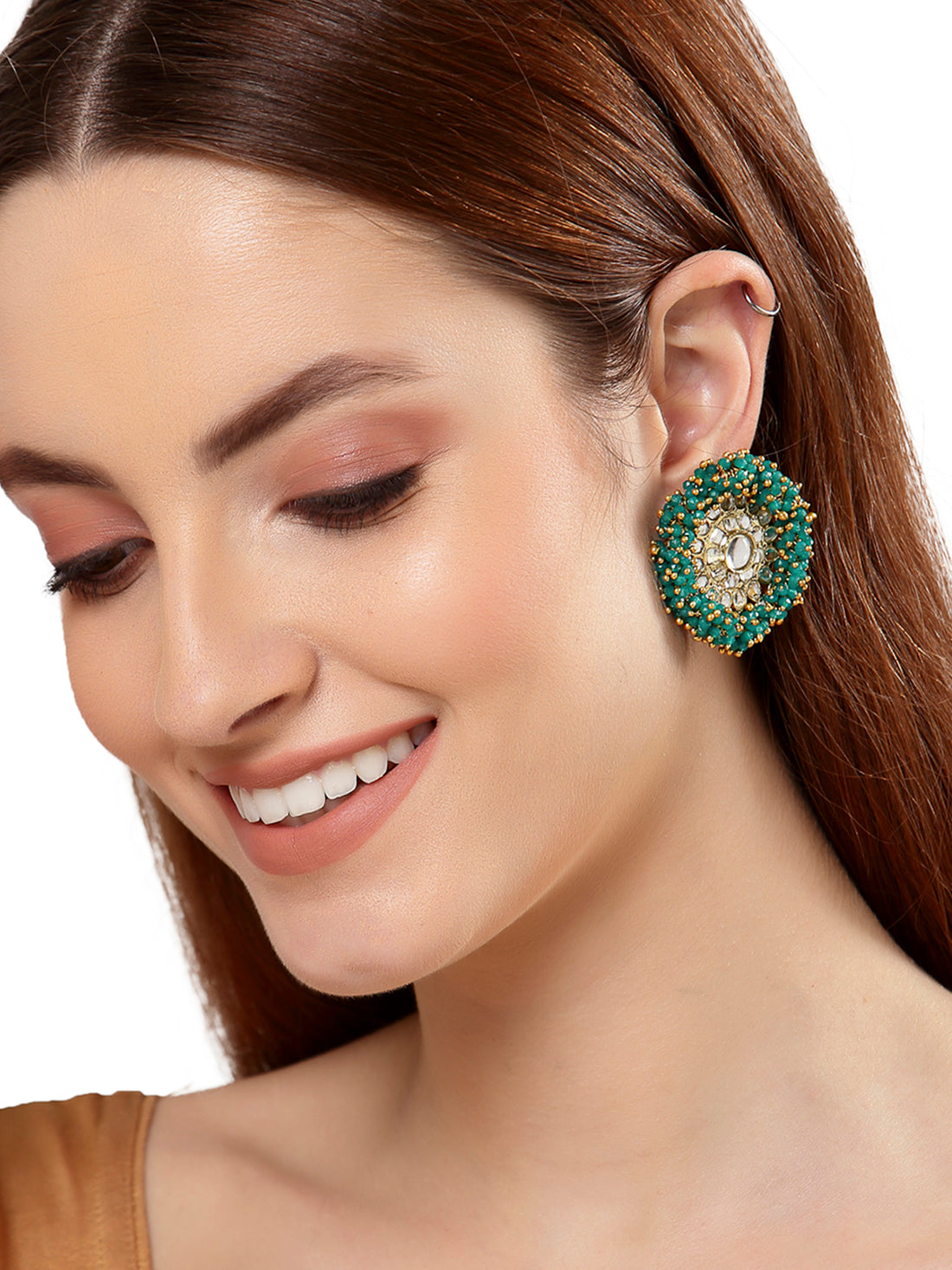 Traditional Green Crystal Studded Gold Plated Kundan Stud Earrings