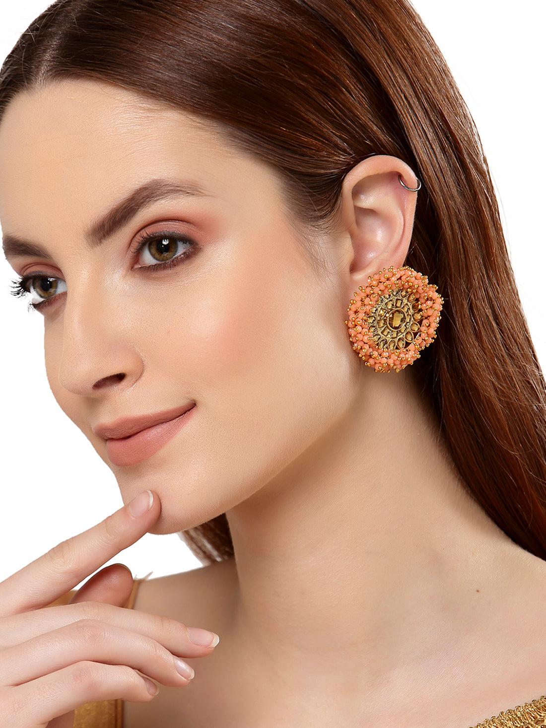 Traditional Peach Crystal Studded Gold Plated Kundan Stud Earrings