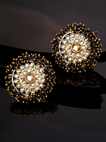 Traditional Black Crystal Studded Gold Plated Kundan Stud Earrings