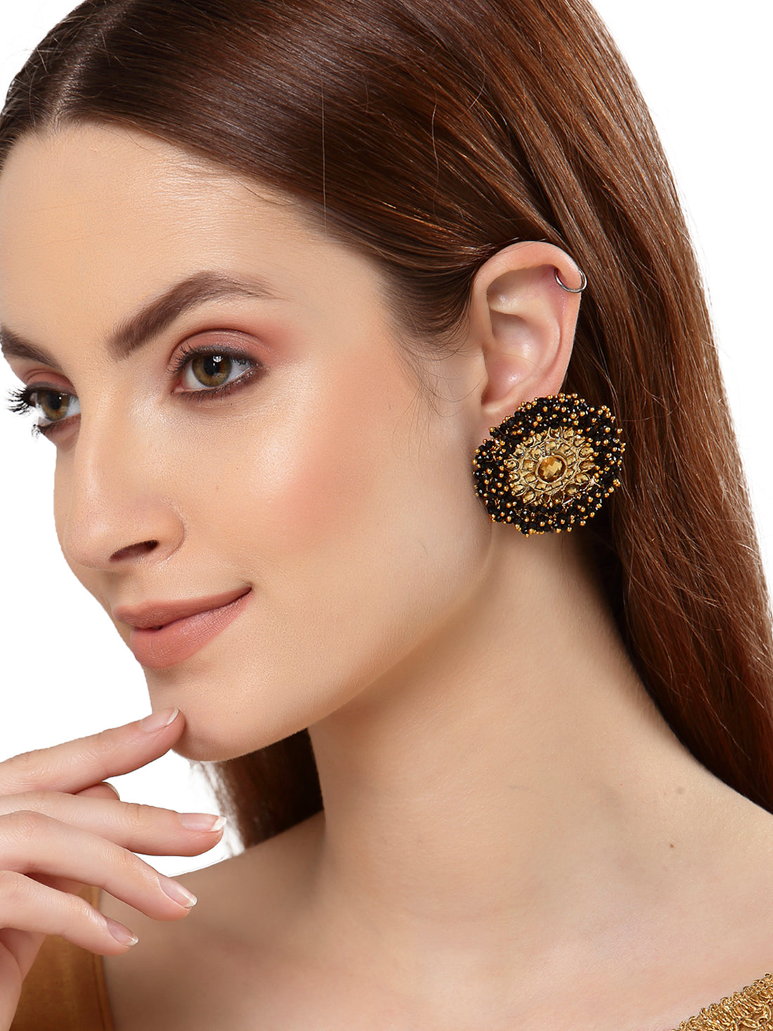 Traditional Black Crystal Studded Gold Plated Kundan Stud Earrings