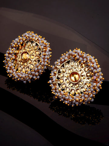 Traditional Grey Crystal Studded Gold Plated Kundan Stud Earrings