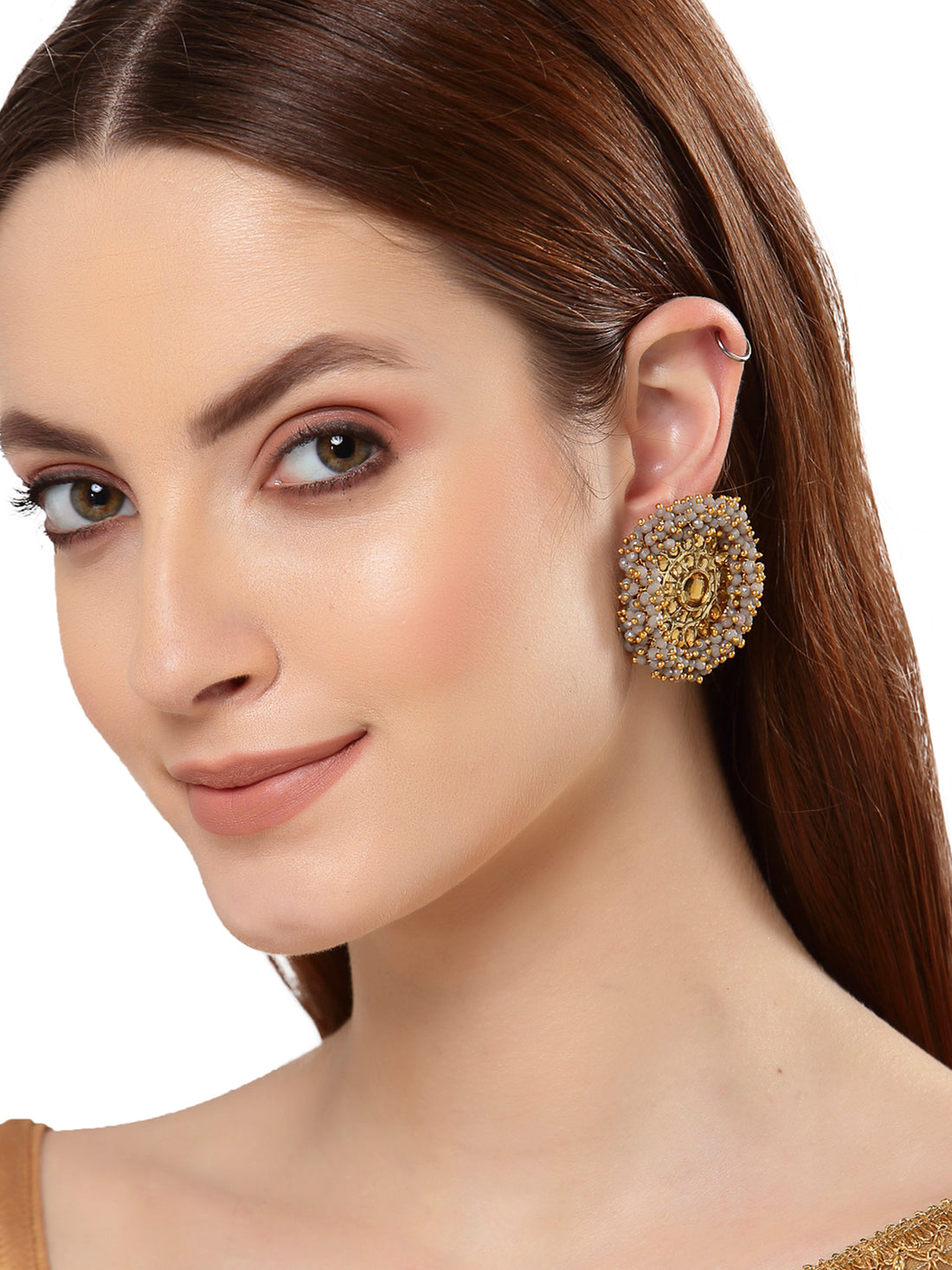 Traditional Grey Crystal Studded Gold Plated Kundan Stud Earrings