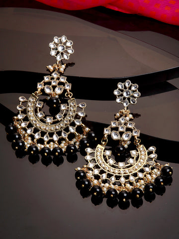 Traditional Gold Plated Black Beads Studded Kundan Chandbali Earrings