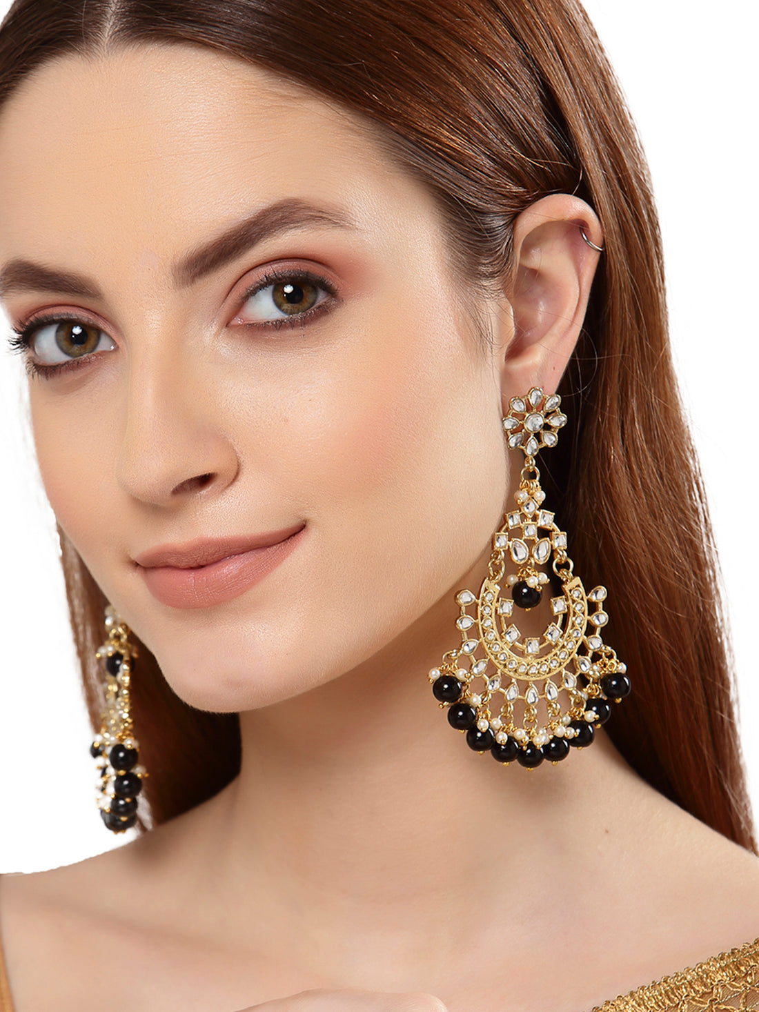 Traditional Gold Plated Black Beads Studded Kundan Chandbali Earrings