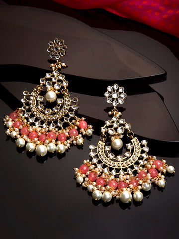 Traditional Gold Plated Peach Beads Studded Kundan Chandbali Earrings