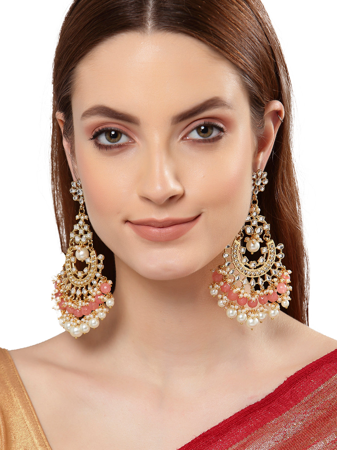 Traditional Gold Plated Peach Beads Studded Kundan Chandbali Earrings