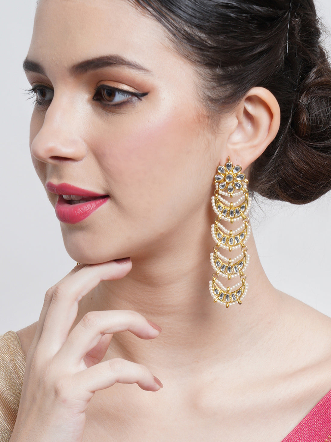 Gold Plated Floral Shape Handcrafted Kundan Drop Earrings