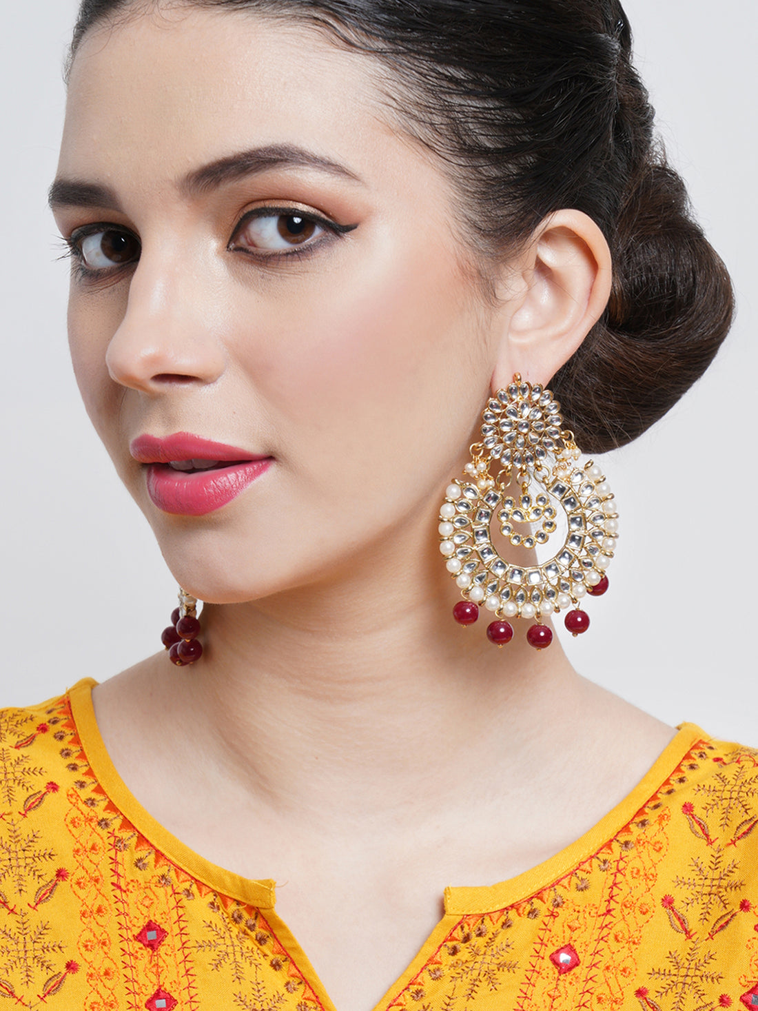 Gold Plated Red Drop Kundan Chandbali Earrings