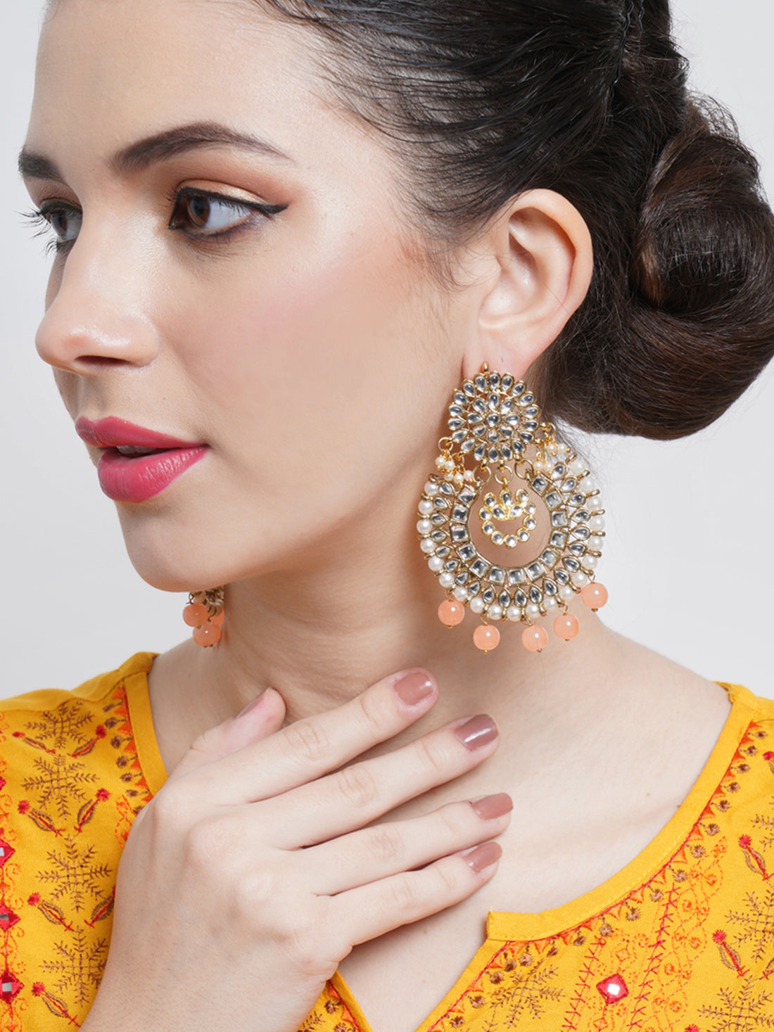 Gold Plated Peach Drop Kundan Chandbali Earrings