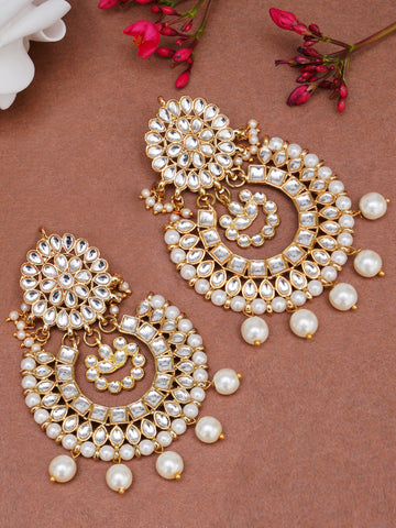 Gold Plated Pearl Drop Kundan Chandbali Earrings