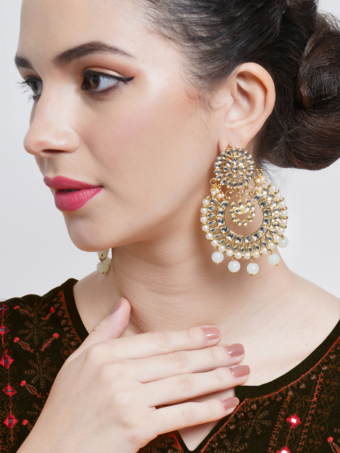 Gold Plated Light Green Drop Kundan Chandbali Earrings