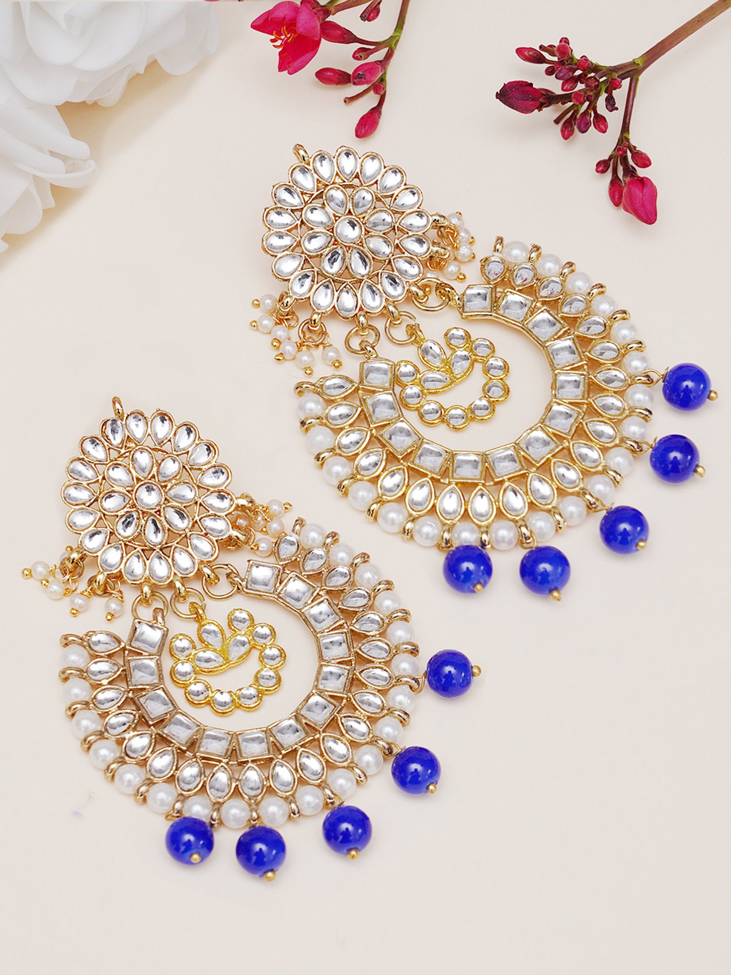Gold Plated Blue Drop Kundan Chandbali Earrings