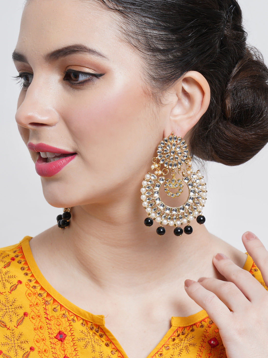 Gold Plated Black Drop Kundan Chandbali Earrings