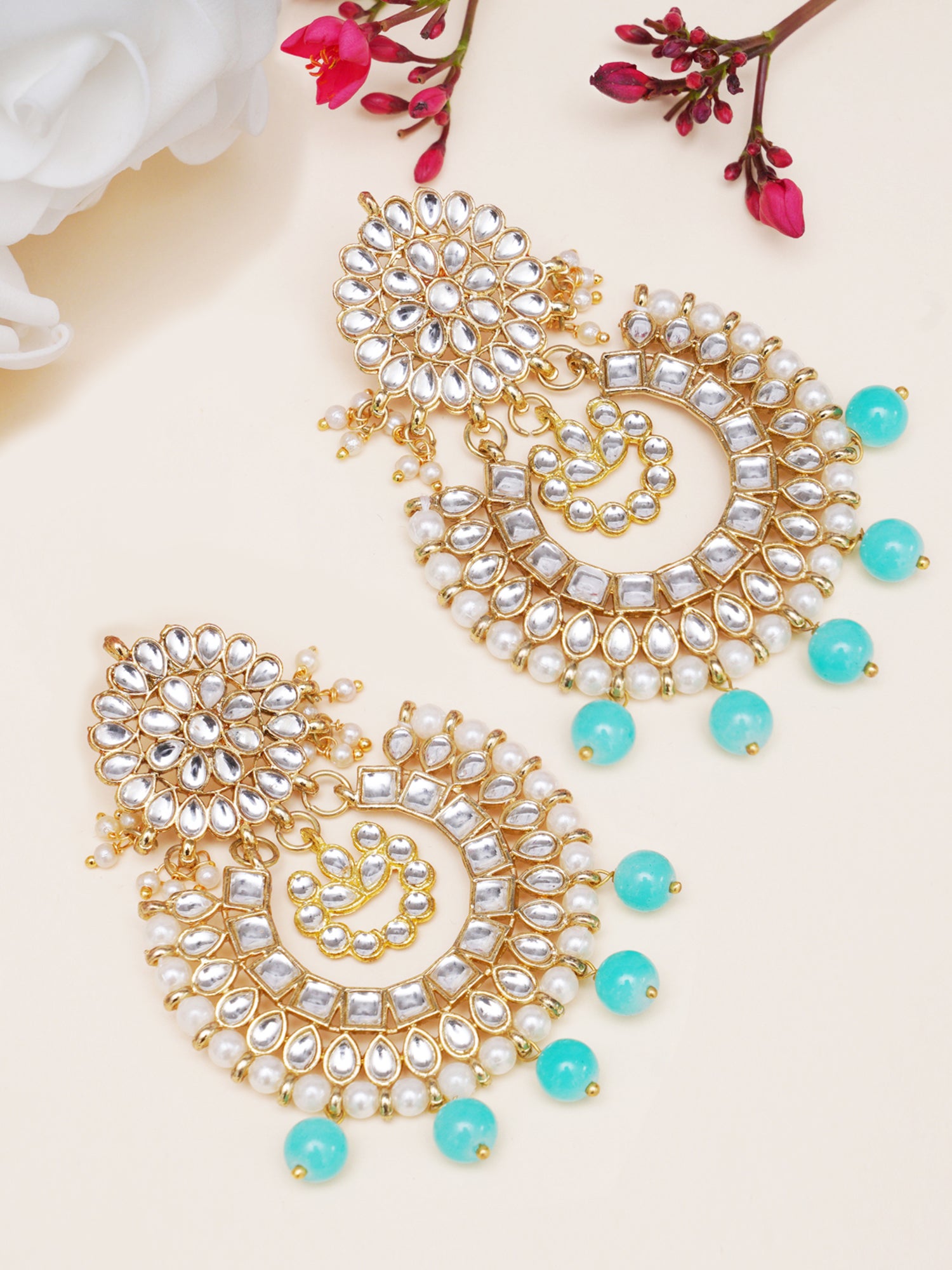 Gold Plated Light Blue Drop Kundan Chandbali Earrings