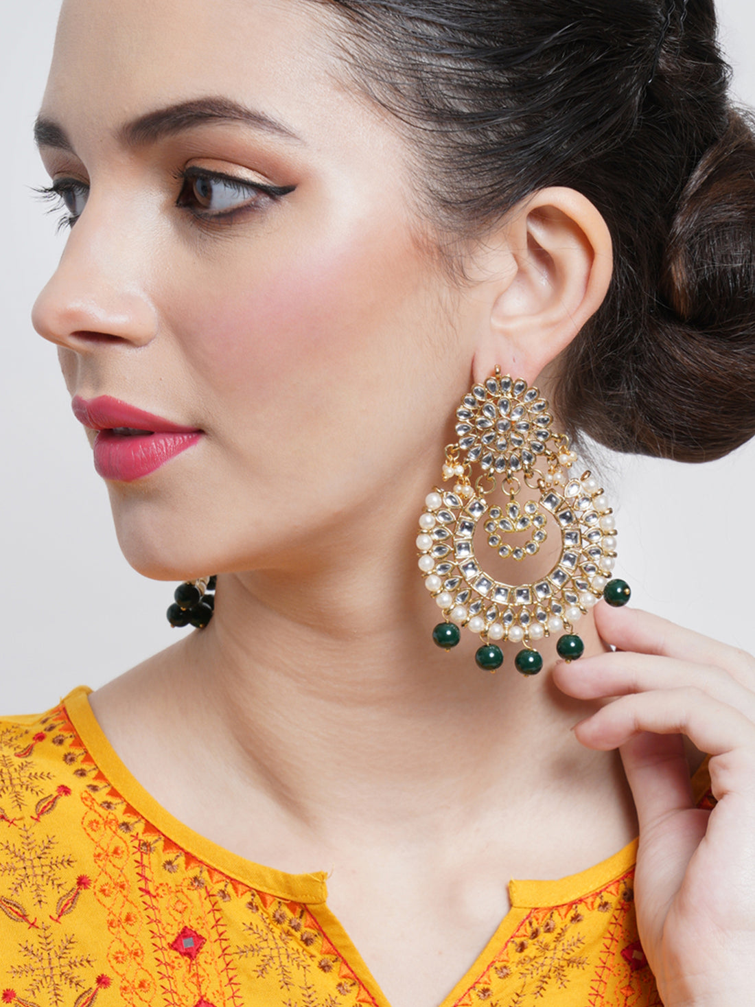 Gold Plated Green Drop Kundan Chandbali Earrings