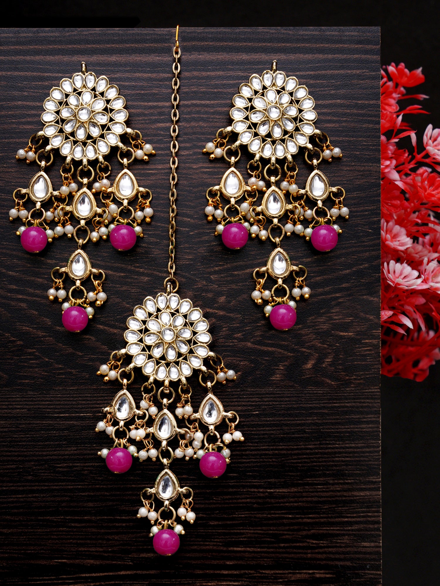 Gold Plated Embellished Pink Kundan Tassel Earrings with Maangtikka