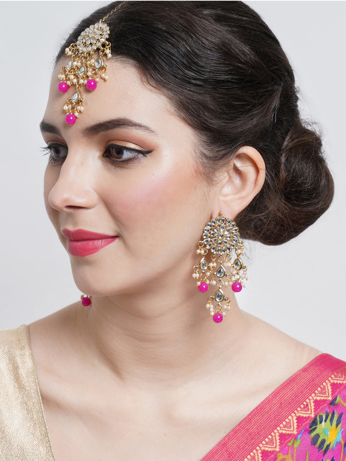 Gold Plated Embellished Pink Kundan Tassel Earrings with Maangtikka