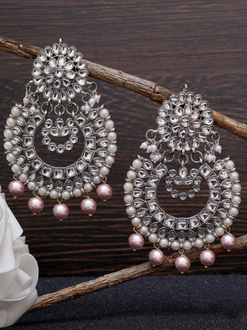 Karatcart Silver Pearl Oxidised Kundan Chandbali Earrings