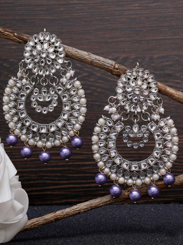 Violet Pearl Oxidised Silver Kundan Chandbali Earrings