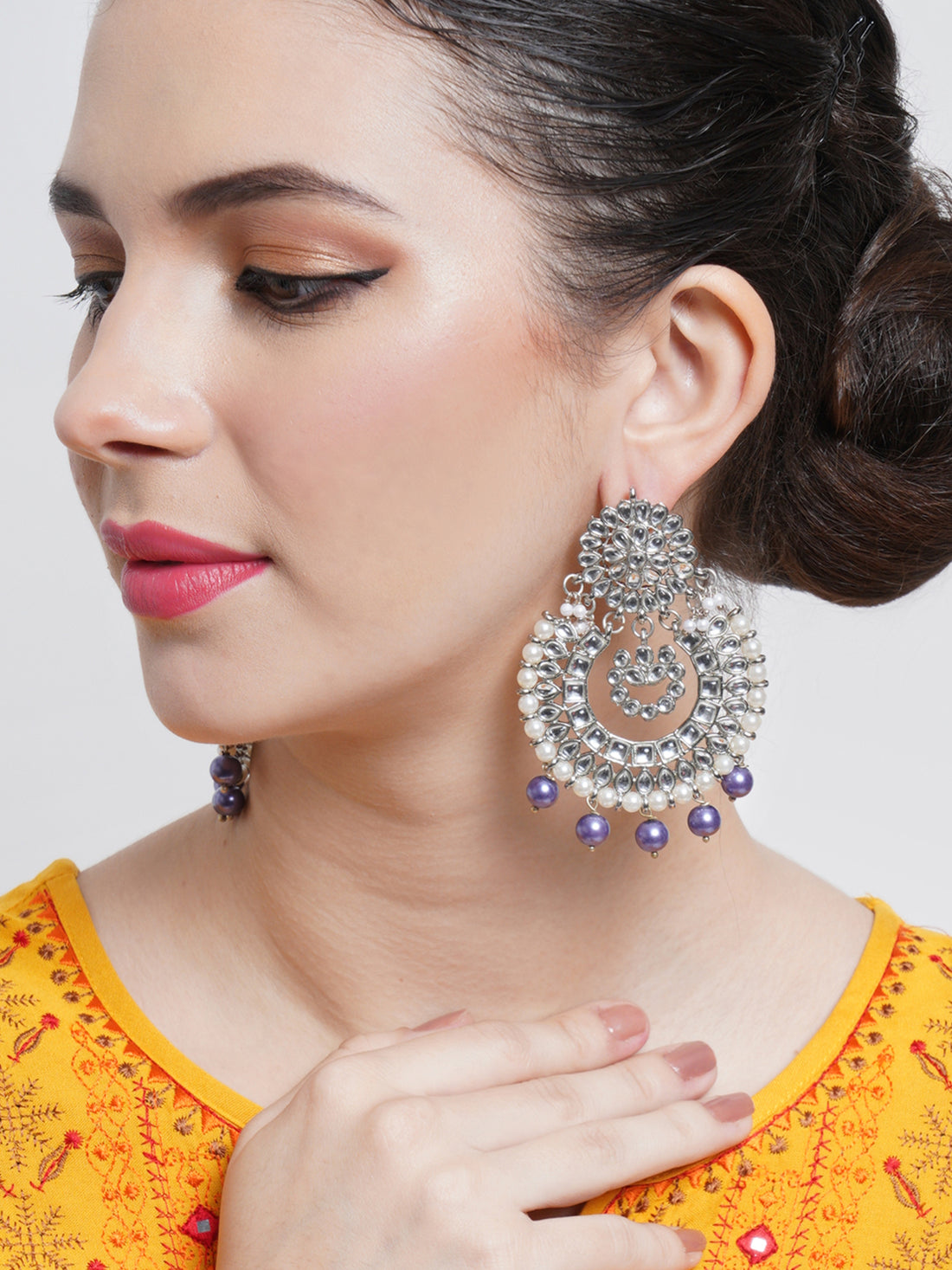 Violet Pearl Oxidised Silver Kundan Chandbali Earrings