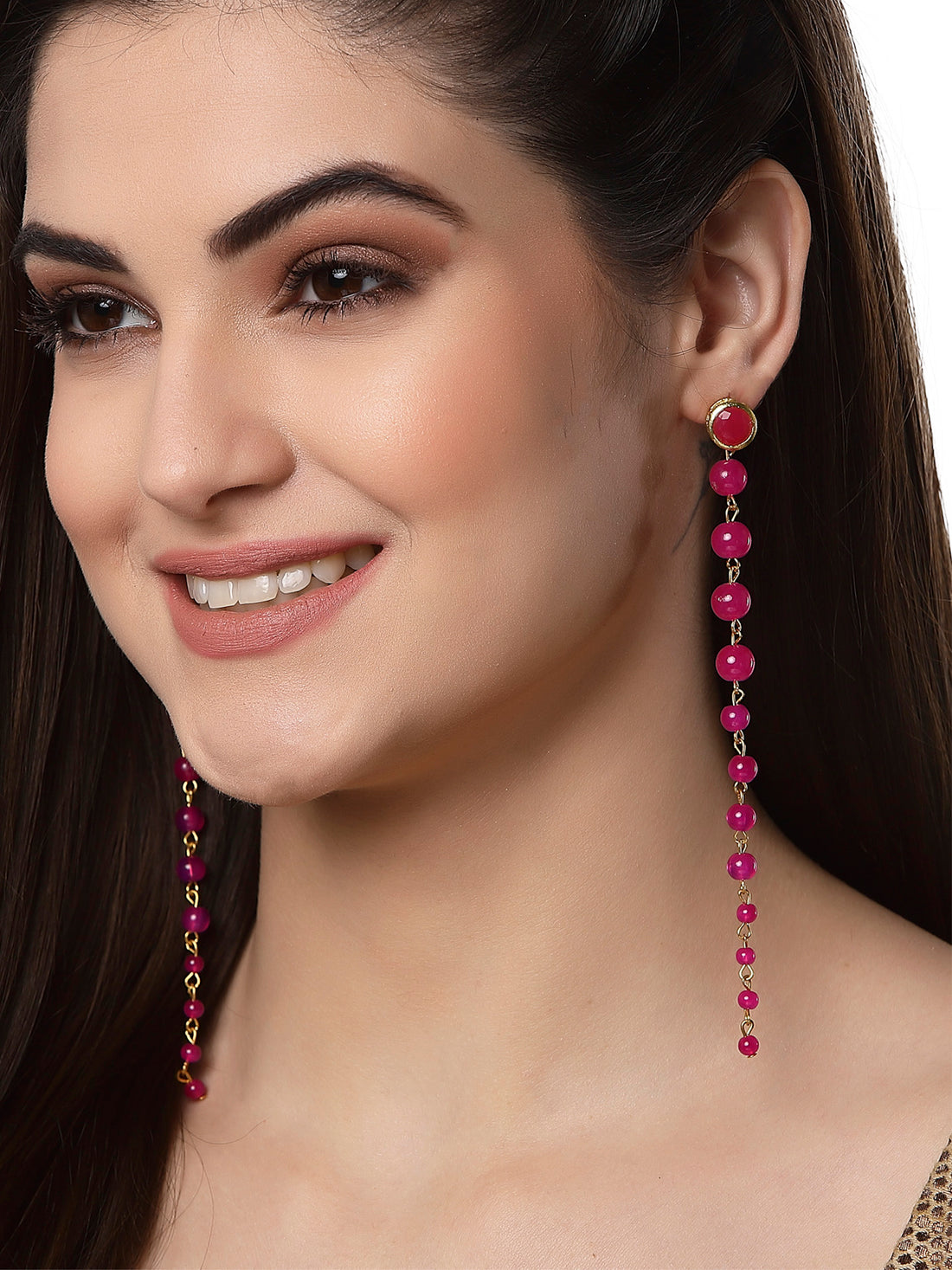 Pink Beads Long Dangler Earrings