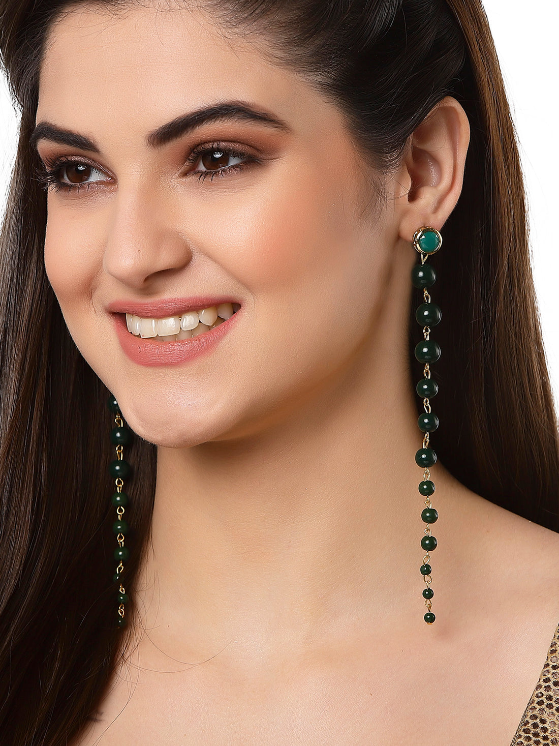 Green Beads Long Dangler Earrings