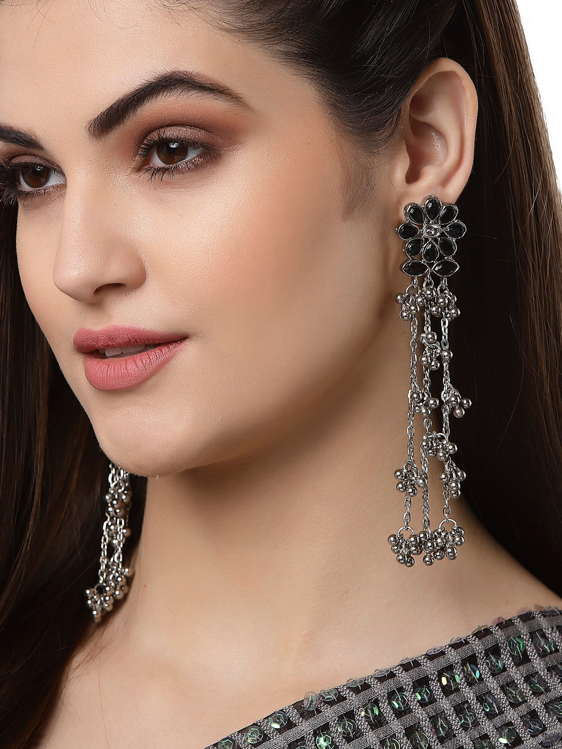 Oxidised Silver Black Kundan Floral Tassel Earrings