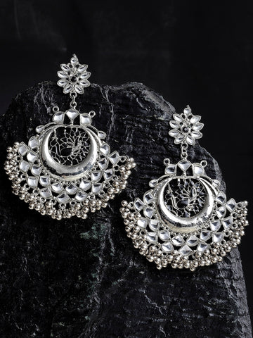 Oxidised Silver Peacock Shape Black Kundan Chandbali Earrings