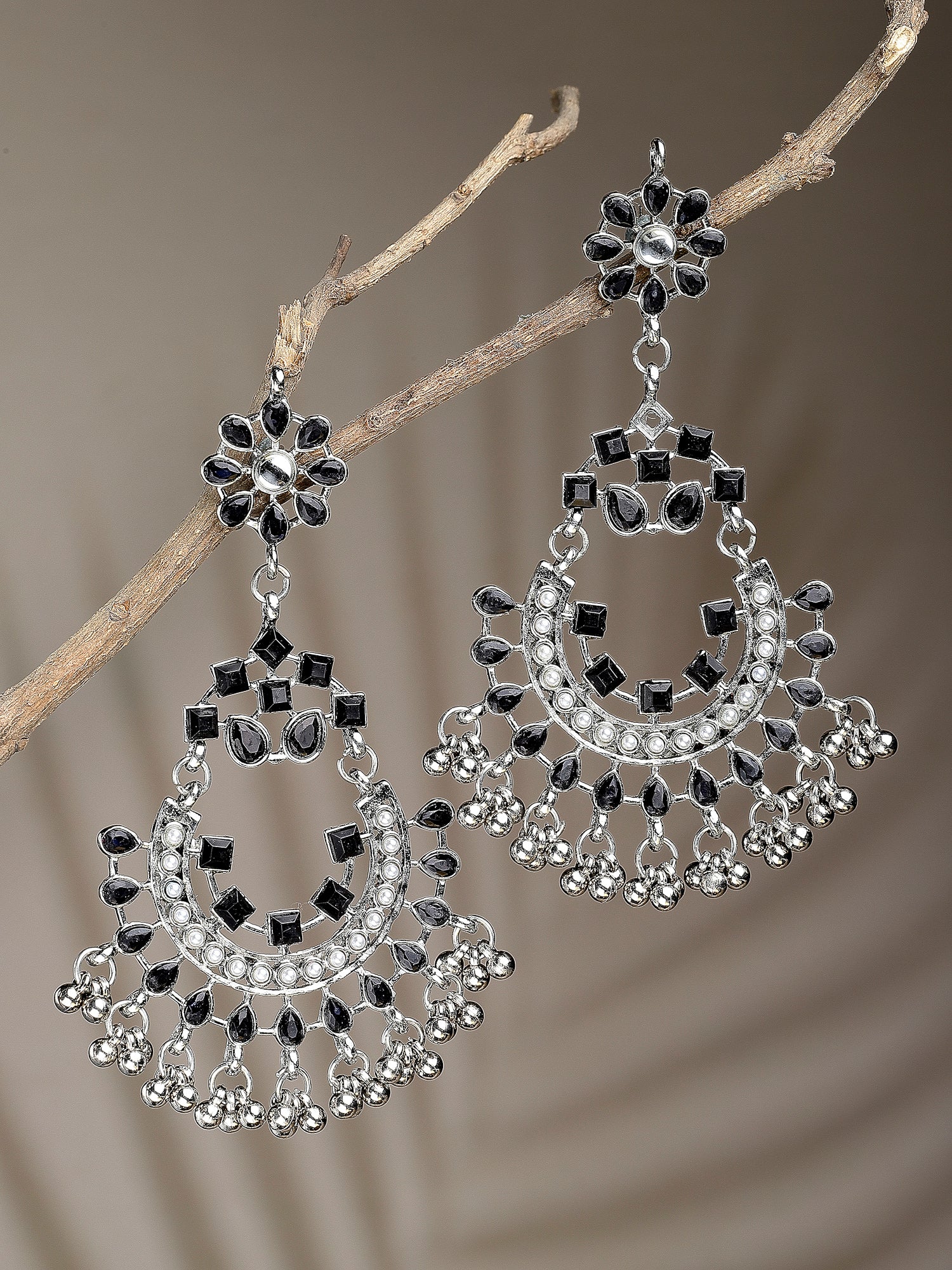 Oxidised Silver Black Kundan Studded Chandbali Earring