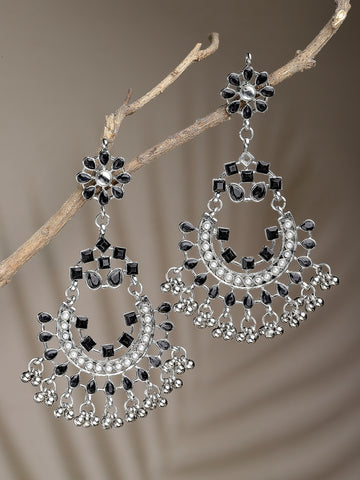 Oxidised Silver Black Kundan Studded Chandbali Earring