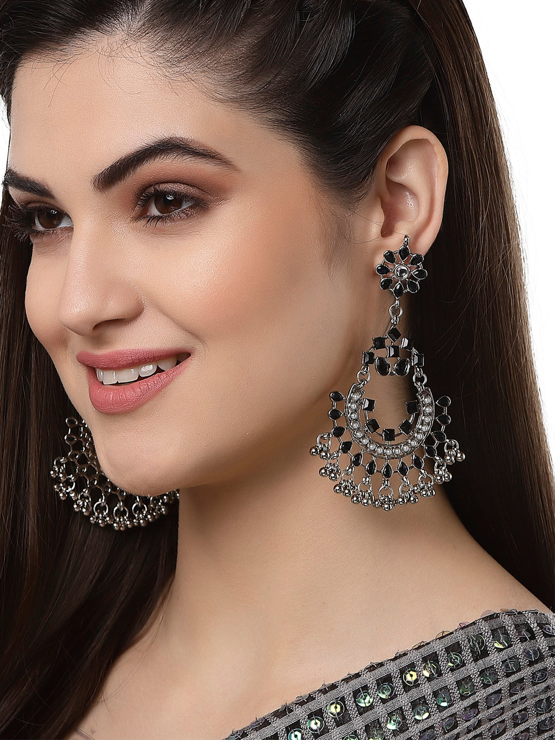 Oxidised Silver Black Kundan Studded Chandbali Earring