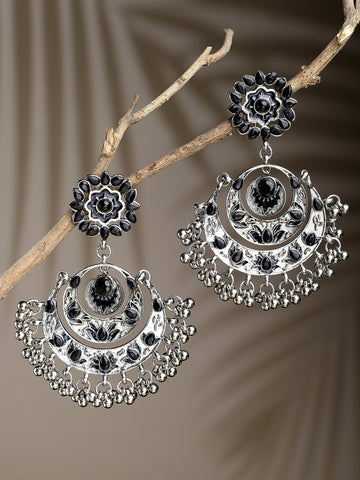 Oxidised Silver Floral Black Kundan Studded Chandbali Earrings