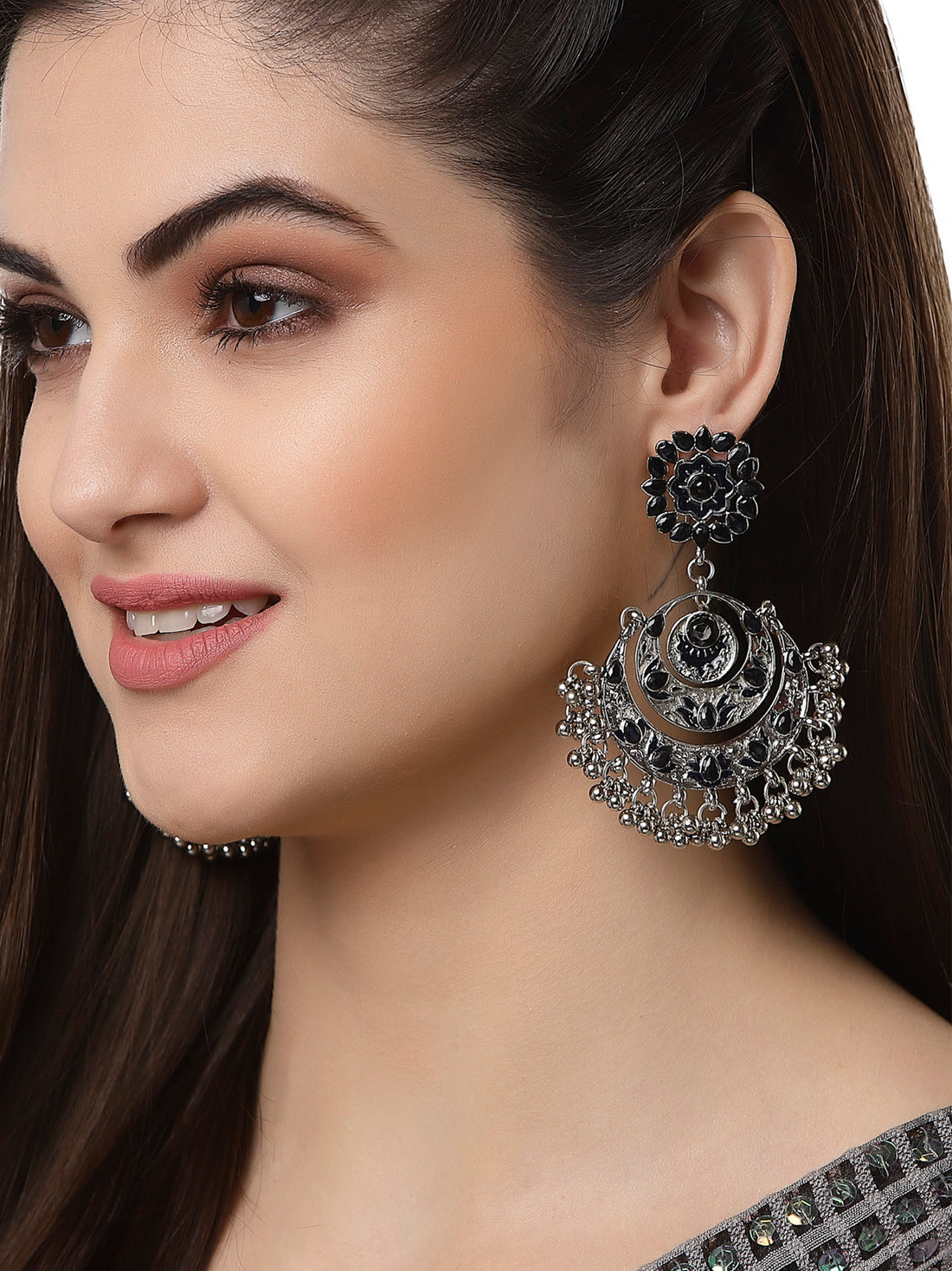 Oxidised Silver Floral Black Kundan Studded Chandbali Earrings