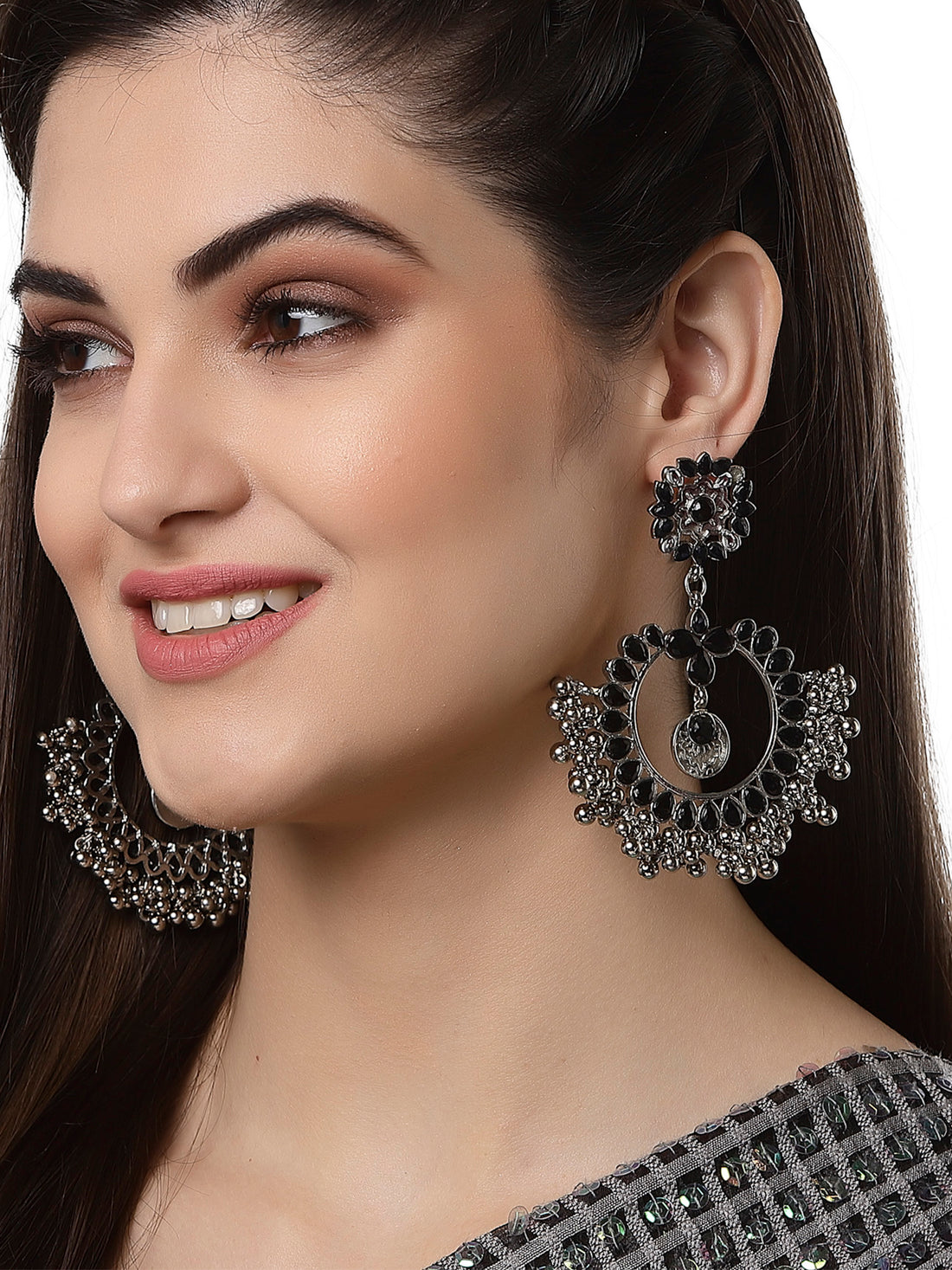 Oxidised Silver Black Kundan Studded Chandbali Earrings