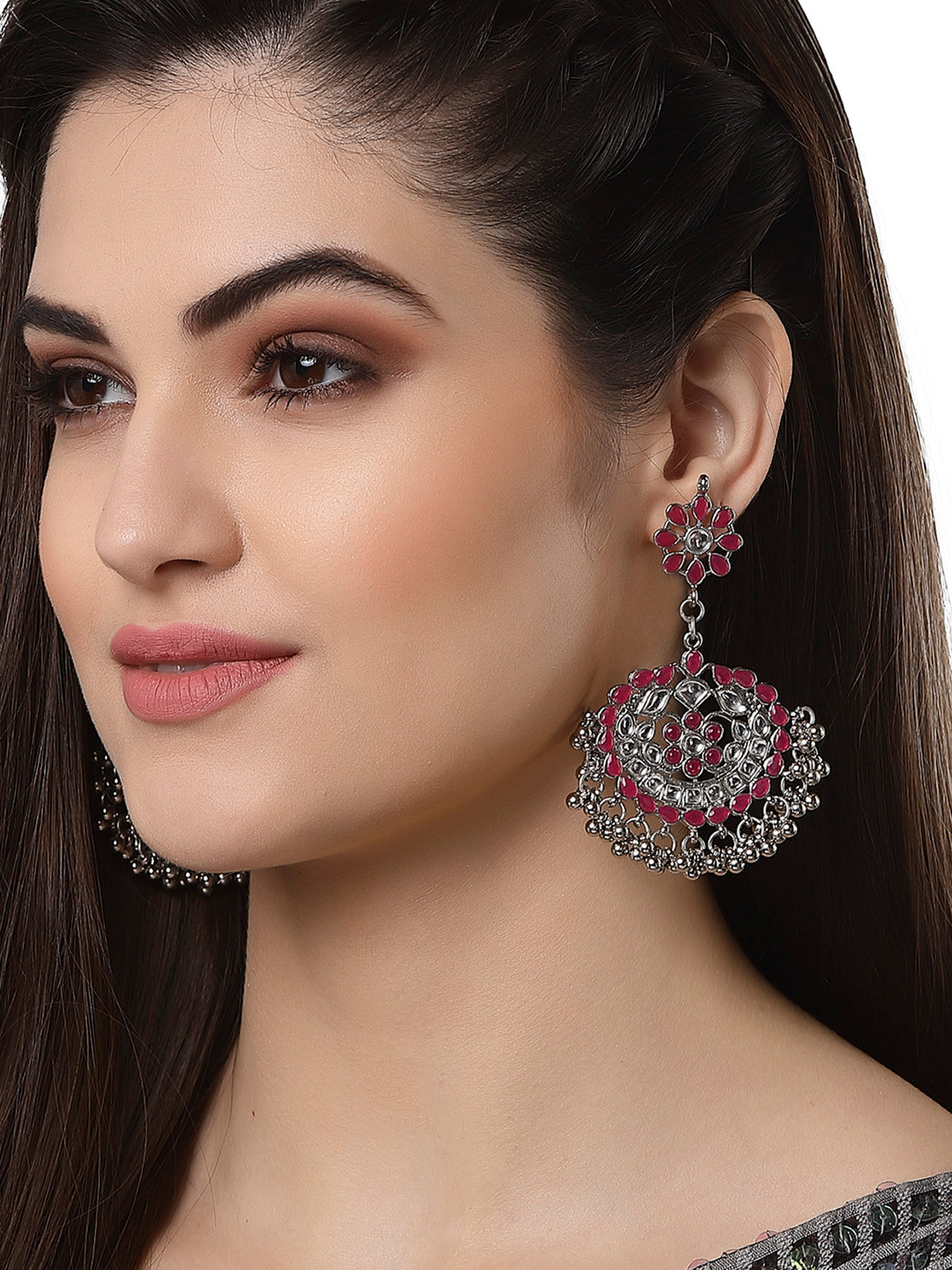 Antique Ruby Red Kundan Studded Oxidised Silver Handcrafted Chandbali Earrings