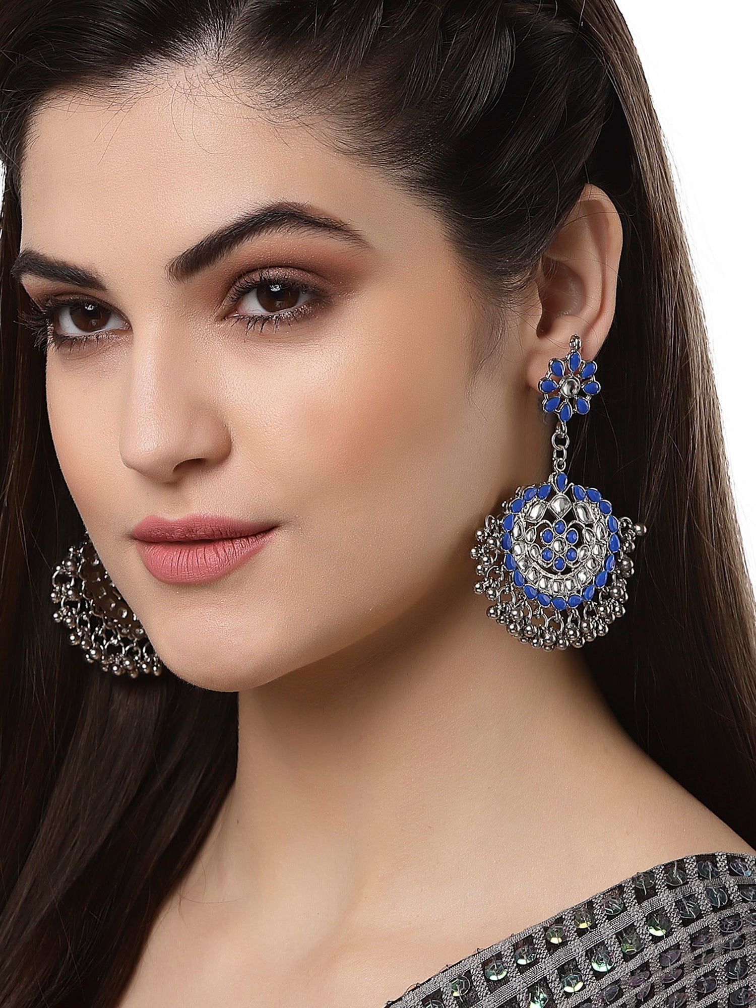 Antique Blue Kundan Studded Oxidised Silver Handcrafted Chandbali Earr