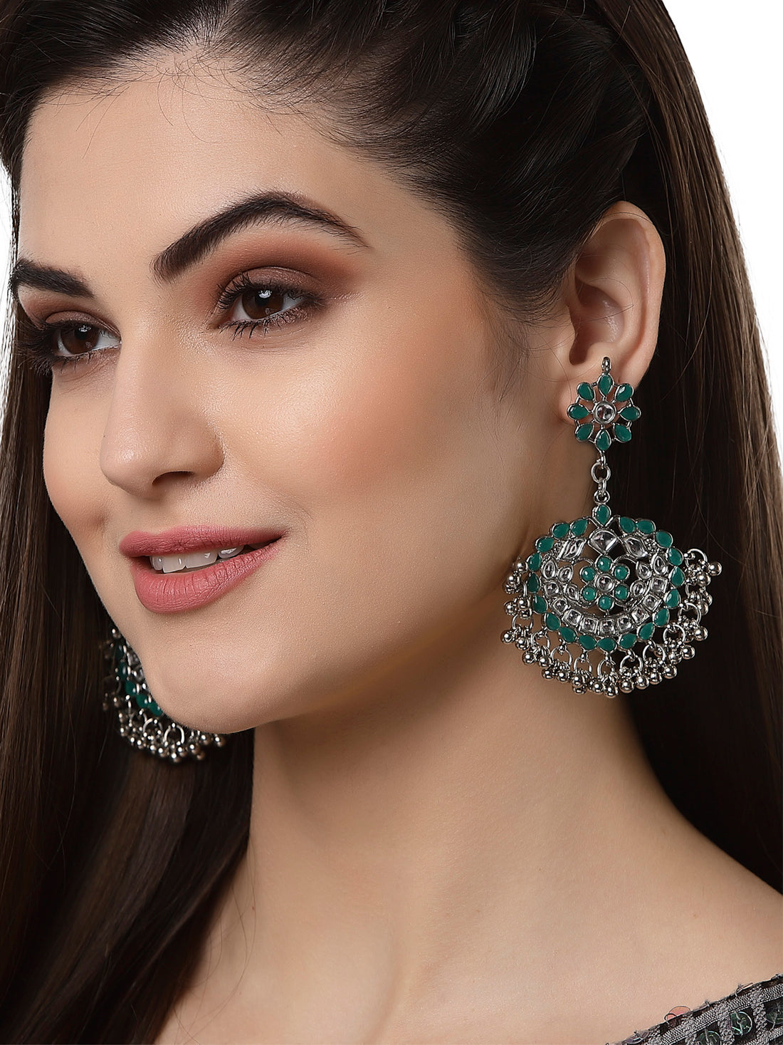 Antique Green Kundan Studded Oxidised Silver Handcrafted Chandbali Earrings