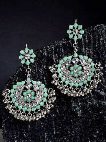 Antique Light Green Kundan Studded Oxidised Silver Handcrafted Chandbali Earrings