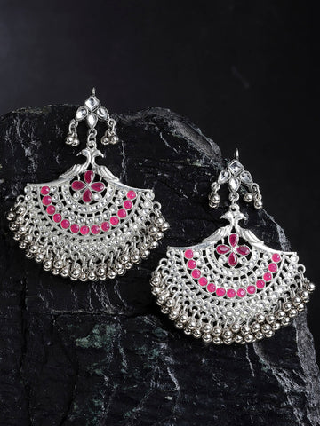 Peacock Shaped Oxidised Silver Ruby Red Kundan Chandbali Earrings