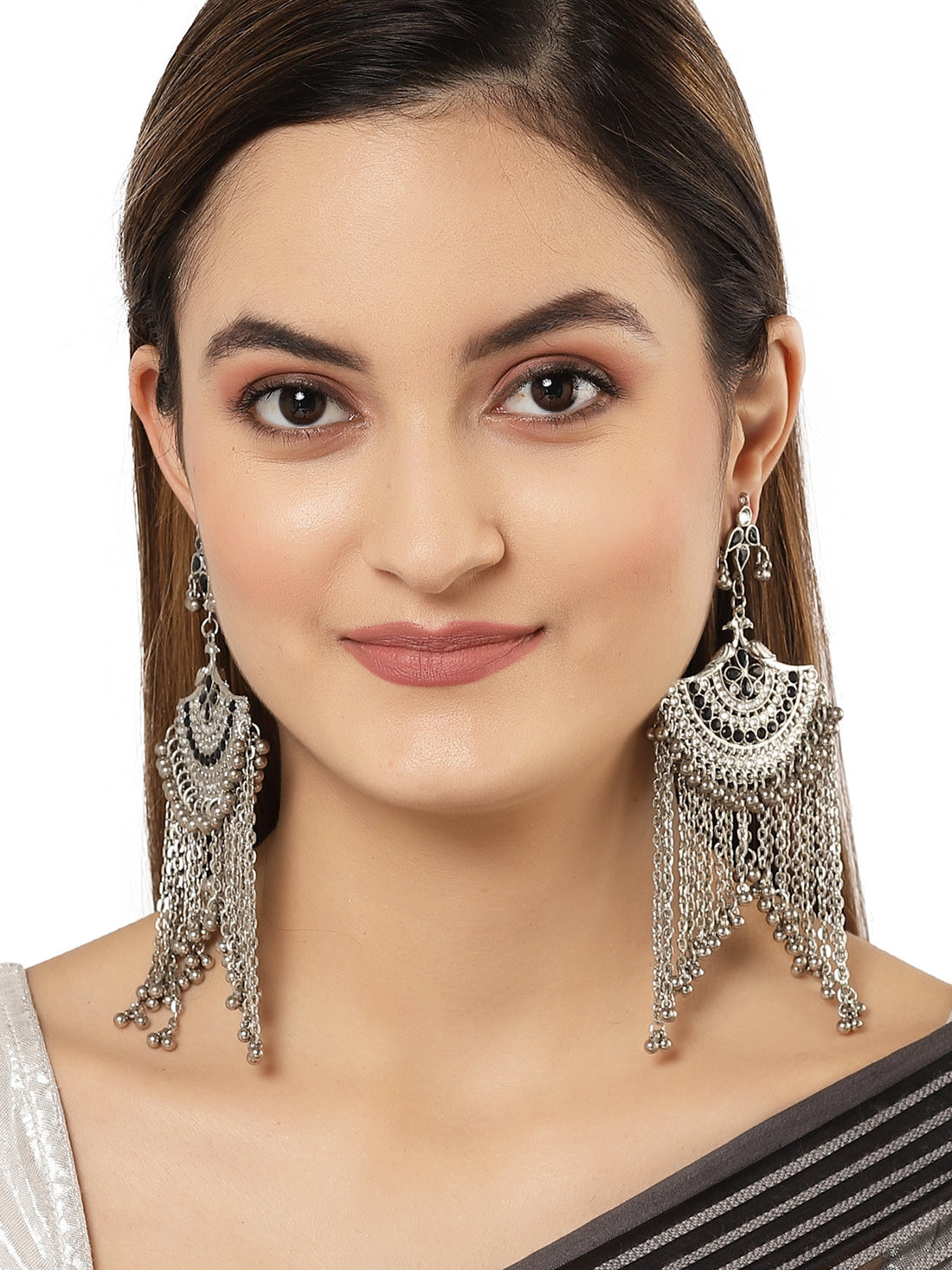 Karatcart Oxidised Silver Black Kundan Chandbali Earrings with Tasselsfor Women