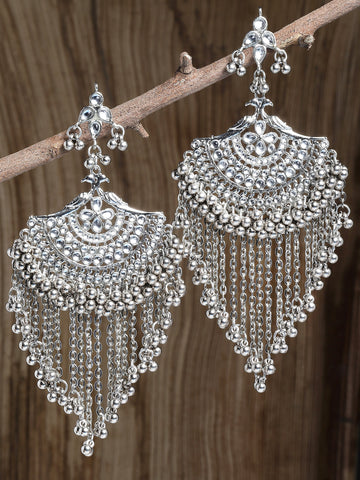 Karatcart Oxidised Silver White Kundan Chandbali Earrings with Tasselsfor Women